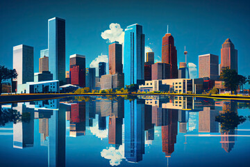 Naklejka premium Houston Skyline with Color Buildings, Blue Sky and Reflections