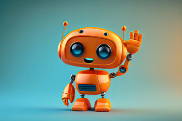 Friendly positive cute cartoon orange robot with smiling face waving its hand. Chatbot greets