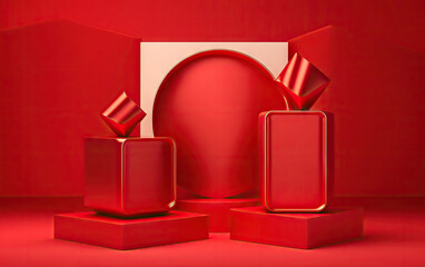 Red background for beauty products with a podium and a pedestal for product photography. Ideal shapes to highlight the merits of your product or logo. Based on Generative AI