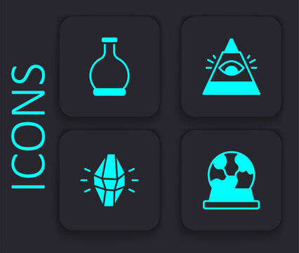 Set Magic ball, Bottle with potion, All-seeing eye of God and stone icon. Black square button. Vector
