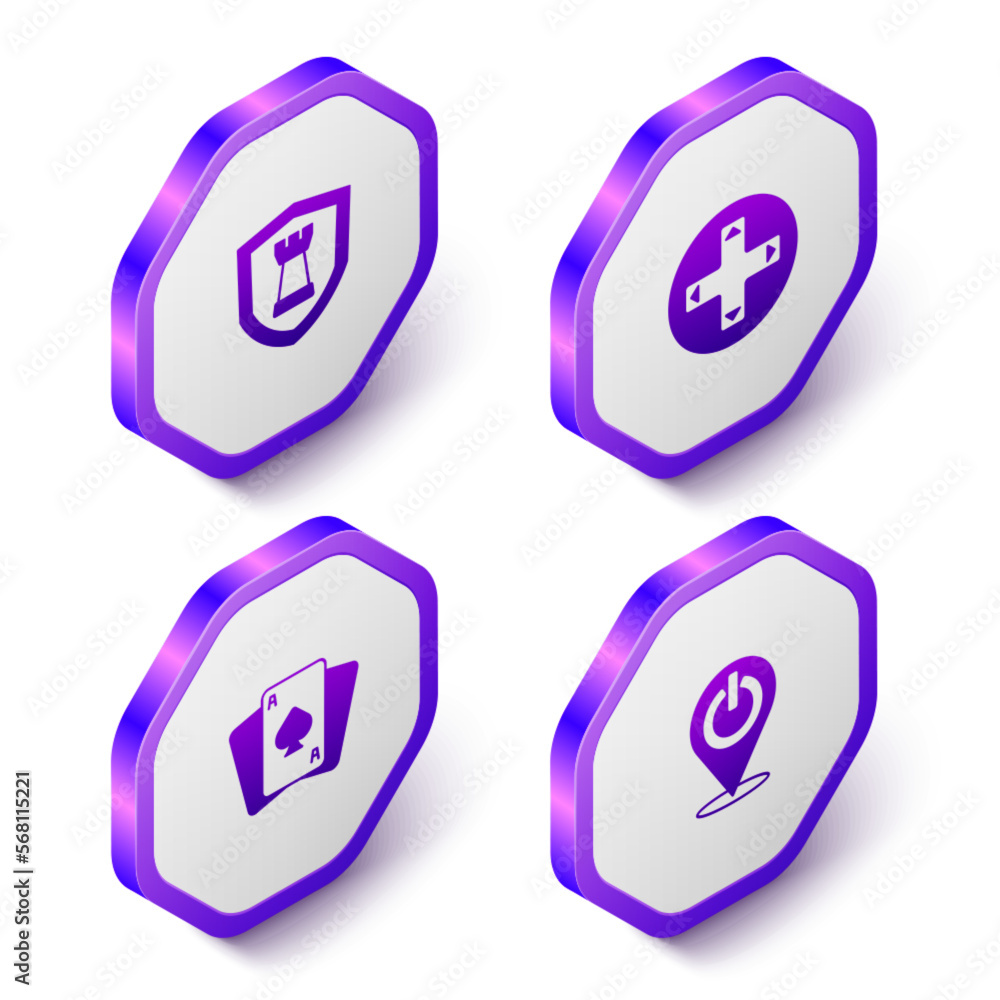 Poster set isometric chess shield, game controller or joystick, playing cards and power button icon. purple