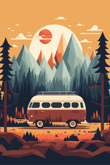 Retro camper van in the forest at sunset. Vector illustration