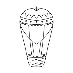 Hot air balloon in hand drawn doodle style. Air transport for travel. Vector illustration isolated on white background.
