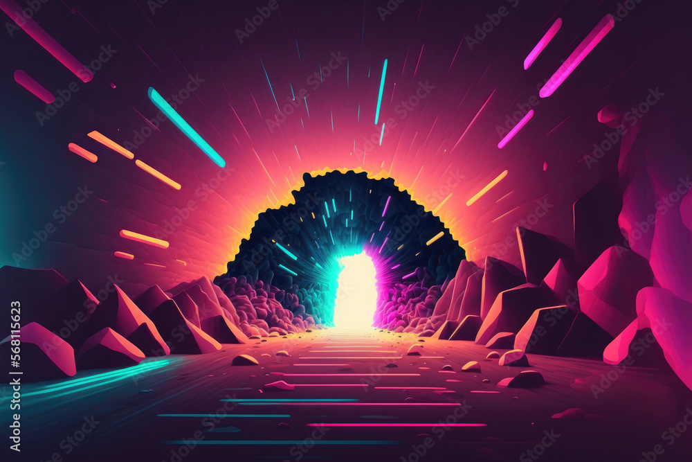 Wall mural neon light beam, abstract background, forward motion through a tunnel of rocks, light form, and oute