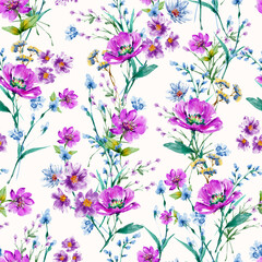 Garden Watercolour Floral Seamless Pattern, Hand painted Watercolour, Wildflowers, Twigs, Leaves, Buds. Design for fashion , fabric, textile, wallpaper, cover, web , wrapping and all prints 