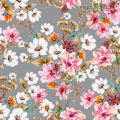 Fototapeta na wymiar Garden Watercolour Floral Seamless Pattern, Hand painted Watercolour, Wildflowers, Twigs, Leaves, Buds. Design for fashion , fabric, textile, wallpaper, cover, web , wrapping and all prints 
