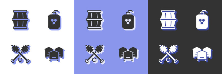 Set Hive for bees, Wooden barrel with honey, Honey dipper stick and Cosmetic tube icon. Vector