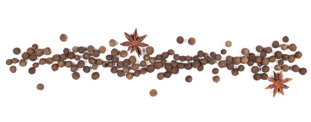 Allspice frame, pimento spice, Jamaican pepper and anise star isolated on white background, top view