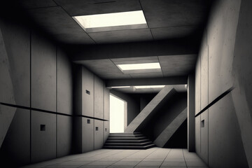Illustration of interior of a gloomy, empty, abstract concrete chamber. Generative AI