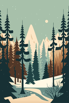 Winter landscape with coniferous forest. Vector illustration in cartoon style