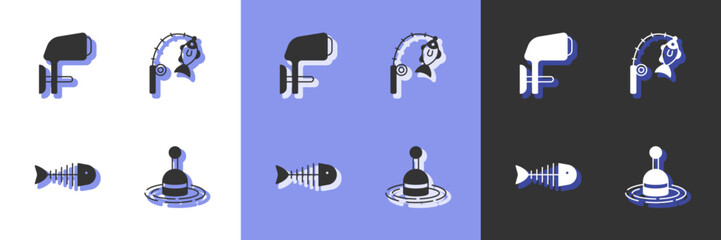 Set Fishing float in water, Outboard boat motor, skeleton and rod and fish icon. Vector