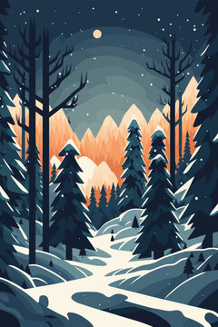 Winter landscape with pine trees and mountains at night. Vector illustration.