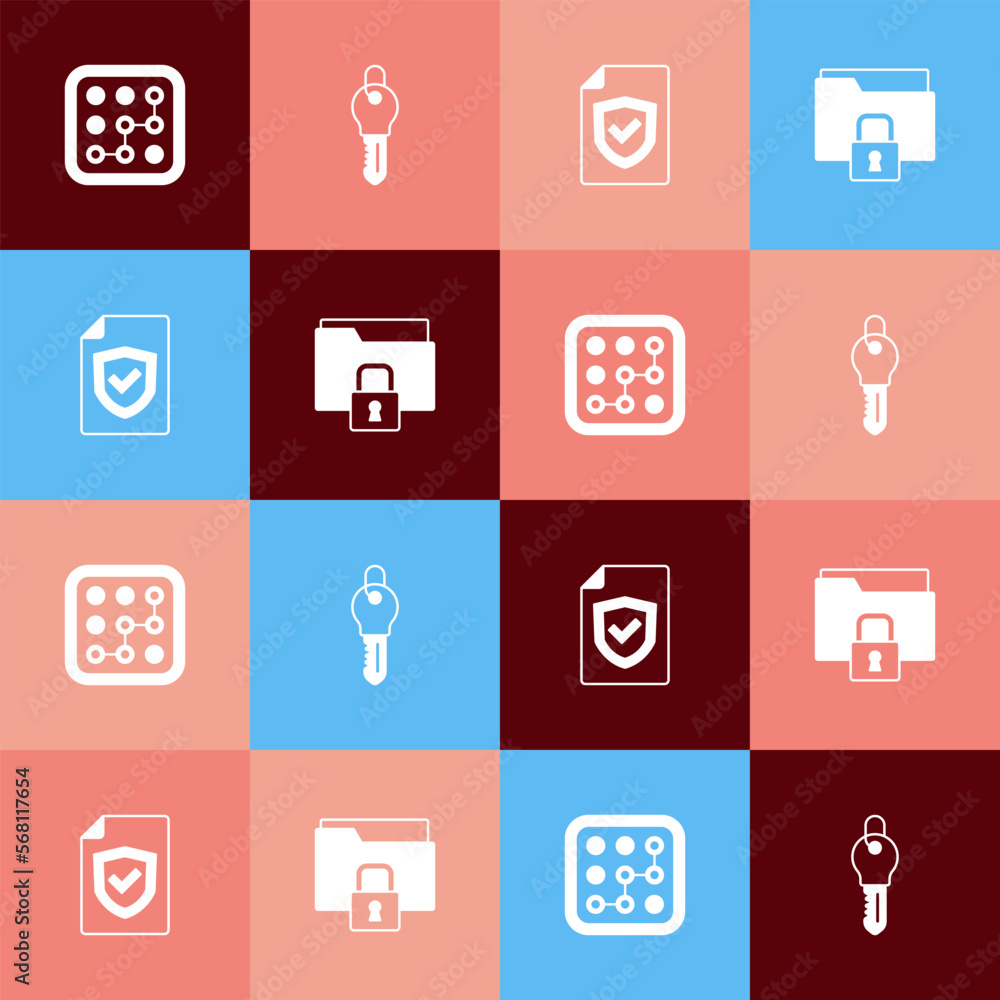 Poster set pop art graphic password protection, key, contract with shield and folder and lock icon. vector