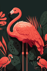 Pink flamingo with palm leaves. Tropical background. Vector illustration.