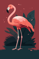 Flamingo bird on a red background. Vector illustration in flat style