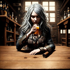 stylish beautiful girl, drinking beer in pirate clothes, sexy, bar in the background, fantasy, generated in AI