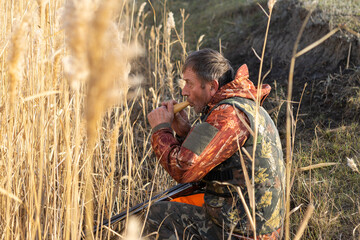 A mature hunter with a gun lures ducks by decoy while sitting in the reeds