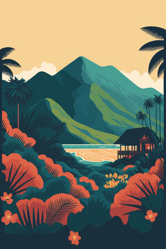 Tropical landscape with palm trees, mountains and lake. Vector illustration