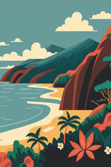 hawai Seascape with mountains and sea. Vector illustration in flat style