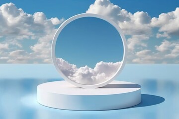 3D podium white display on water with white cloud and round frame - generative ai