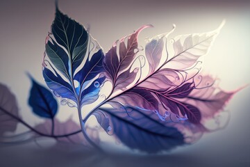 Beautiful curls of transparent skeletal leaves macro with streaks of blue, purple and pink, soft focus, pastel tones. Gentle airy elegant artistic image of nature - generative ai