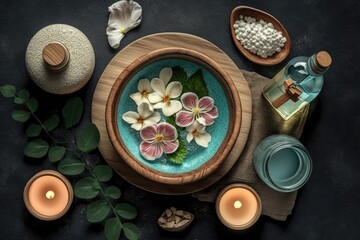 Fototapeta na wymiar Beauty, aromatherapy and spa background with perfumed water - generative ai