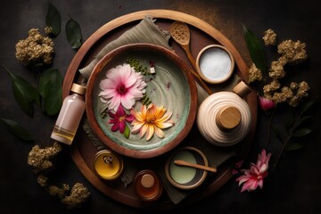 Fototapeta na wymiar Beauty, aromatherapy and spa background with perfumed water - generative ai