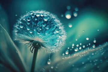 Dandelion Seeds in droplets of water on blue and turquoise beautiful background with soft focus in nature macro - generative ai