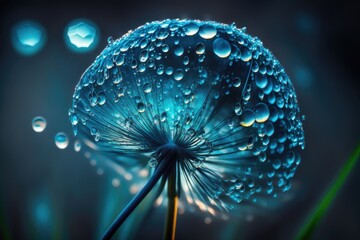 Dandelion Seeds in droplets of water on blue and turquoise beautiful background with soft focus in nature macro - generative ai