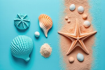 Fototapeta na wymiar sea shells and starfish on sand - generative ai