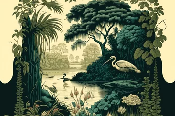 Fotobehang wallpaper jungle and leaves tropical forest  birds old drawing vintage - generative ai © Andrus Ciprian