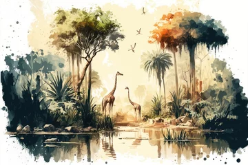 Foto op Plexiglas Watercolor painting style, landscape on an African tropical forest - generative ai © Andrus Ciprian