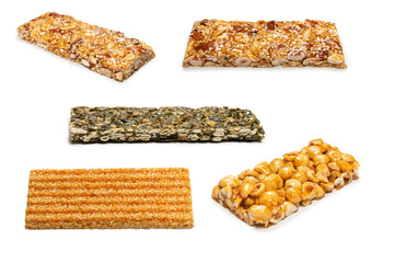 Bar with nuts isolated on a white background. Hazelnut bar.