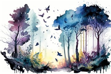 watercolor painting of a forest landscape with birds - generative ai