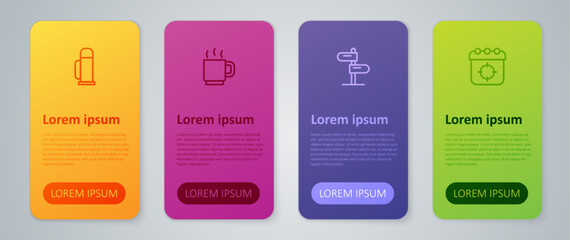 Set line Road traffic sign, Target sport, Thermos container and Coffee cup. Business infographic template. Vector