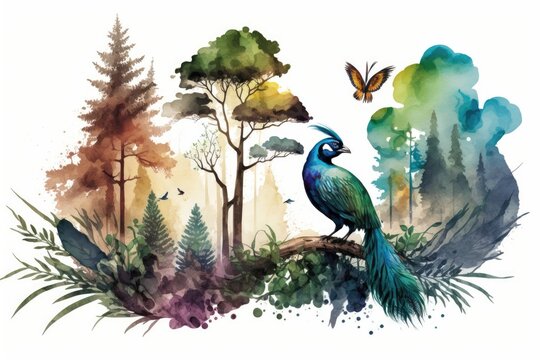 watercolor painting of a forest landscape with birds - generative ai