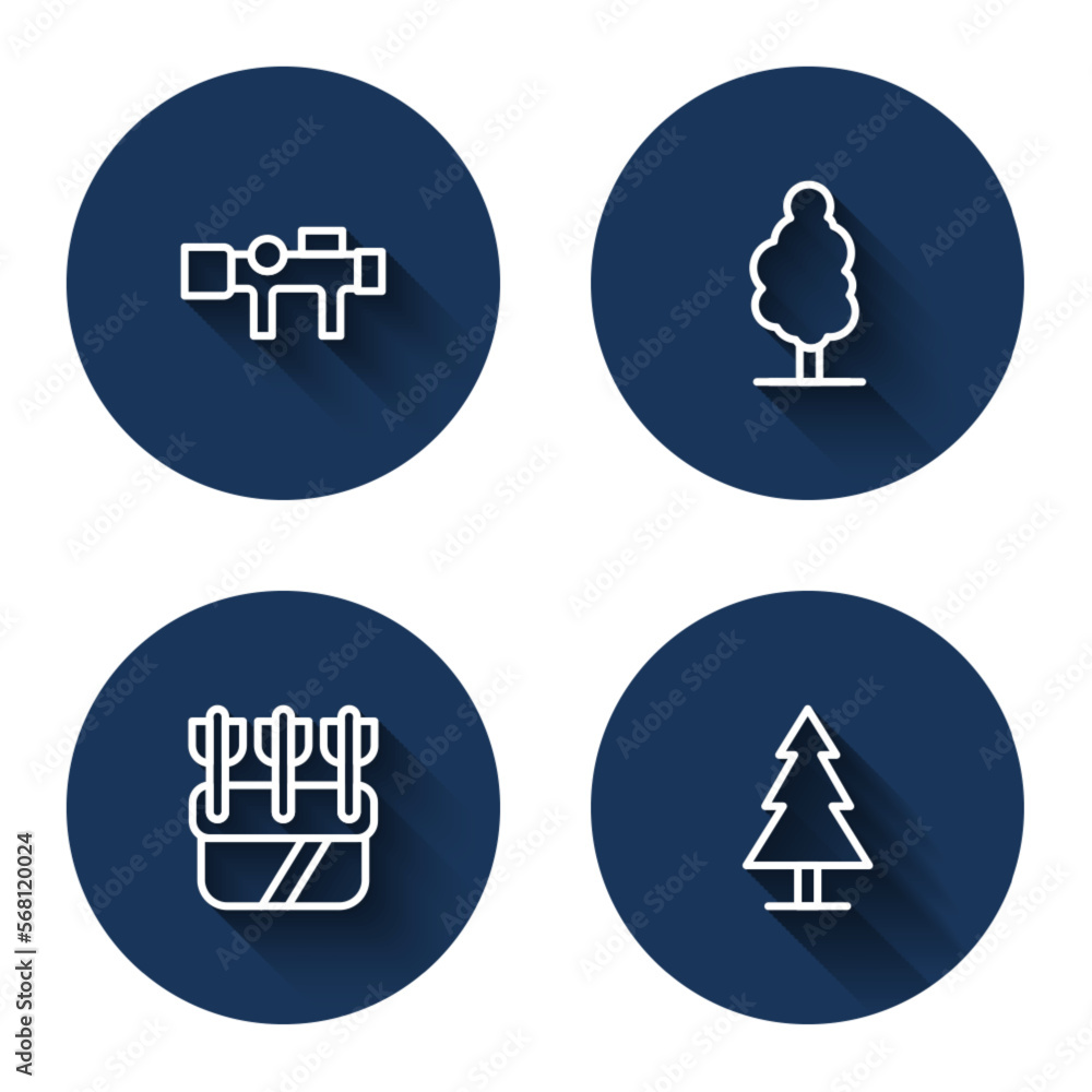 Poster Set line Sniper optical sight, Tree, Quiver with arrows and with long shadow. Blue circle button. Vector