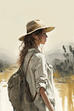 Painting of a woman in a hat on safari. Generative AI.