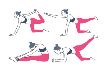 A set of icon illustrations of beautiful young girls doing yoga exercises on the floor