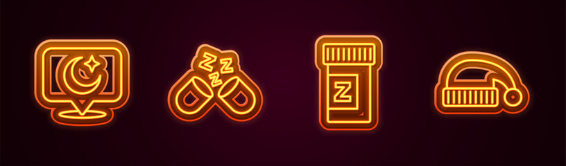 Set line Moon and stars, Sleeping pill, and hat. Glowing neon icon. Vector