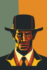 African american man in a hat and suit. Vector illustration.