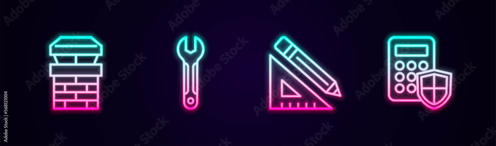 Poster set line chimney, wrench spanner, triangular ruler and pencil and security keypad access panel. glow