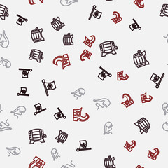 Set line Ireland flag with clover, Wooden barrel on rack, Smoking pipe and Leprechaun boot on seamless pattern. Vector