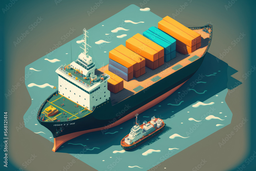 Poster aerial view of container carrying smart cargo ship passing by an international seaport for export ca