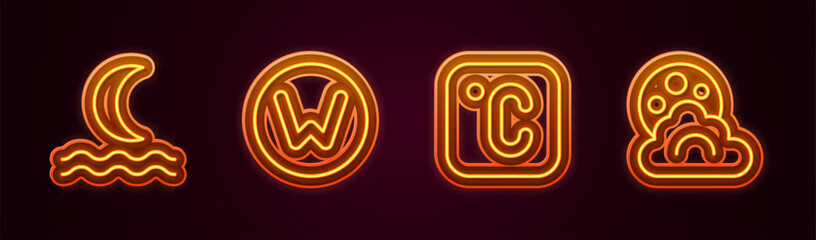 Set line Night fog or smoke, Compass north, Celsius and Cloud with moon. Glowing neon icon. Vector