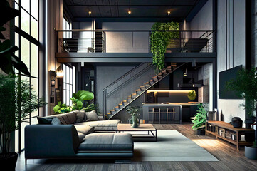 Loft interior in a contemporary dark residence, Created with generative Ai Technology