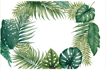 Watercolor hand painted frame with tropical green leaves and branches. Frame for wedding invitations, save the date or greeting cards made with Generative AI technology