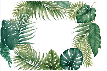 Naklejka premium Watercolor hand painted frame with tropical green leaves and branches. Frame for wedding invitations, save the date or greeting cards made with Generative AI technology