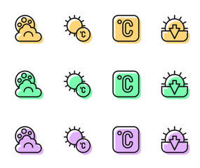 Set line Celsius, Cloud with moon, Sun and Sunset icon. Vector