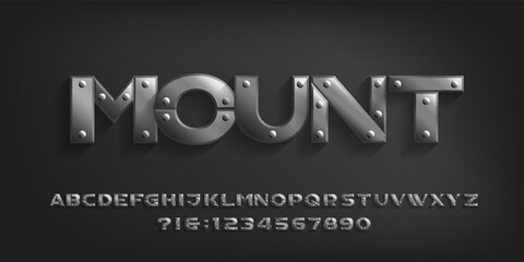 Mount alphabet font. Metallic letters and numbers with rivets. Stock vector typeface for your typography design.